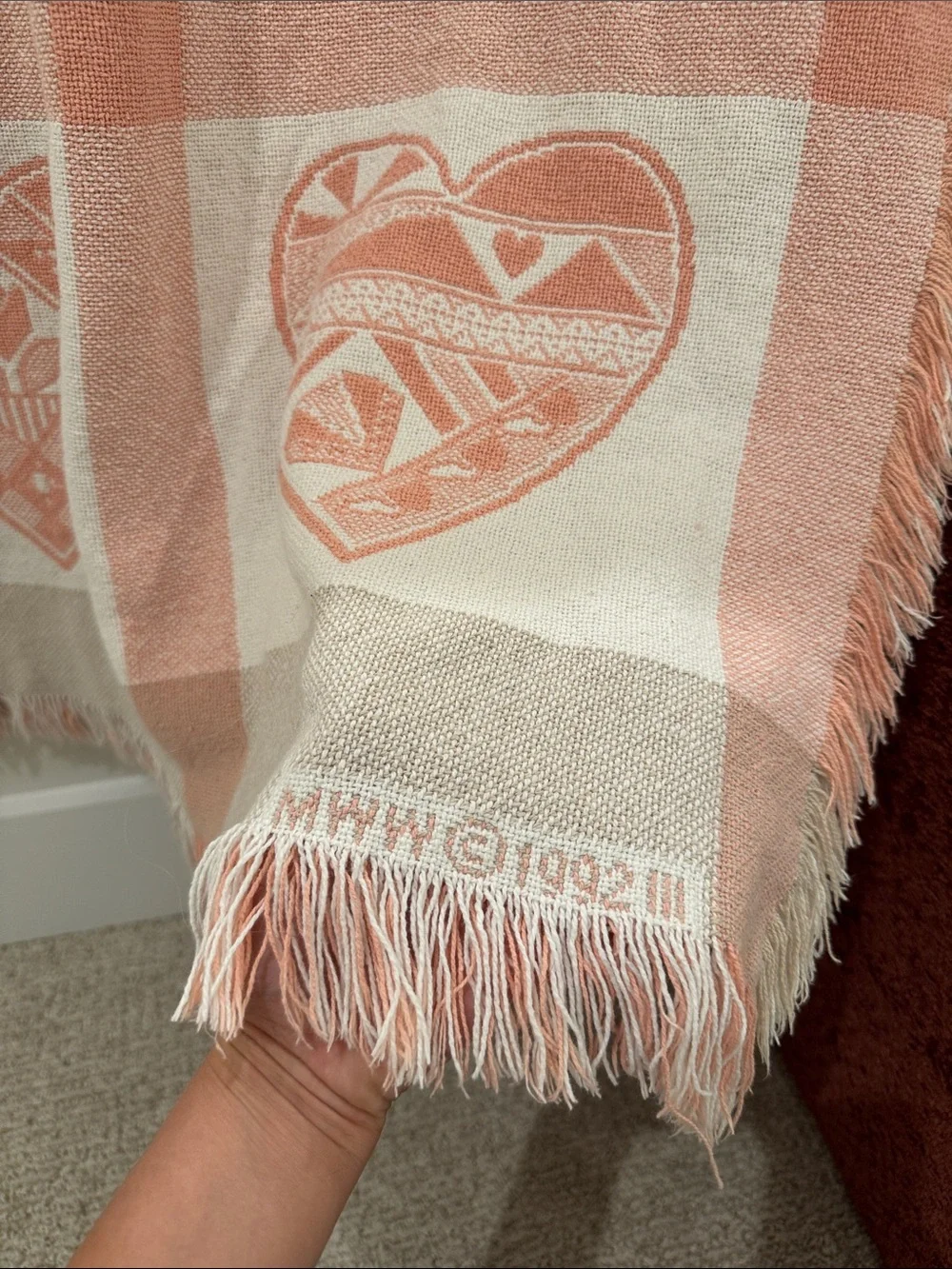 Manual Woodworkers & Weavers • Vintage 1992 Heart Sampler Tapestry Knit Blanket